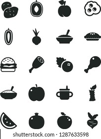 Solid Black Vector Icon Set - mug for feeding vector, burger, pie, a bowl of buckwheat porridge, rice, chicken leg, thigh, beet, omelette, blueberries, orange slice, peach, apple, pomegranate, stub