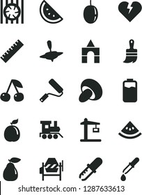 Solid Black Vector Icon Set - yardstick vector, baby toy train, small yule, box of bricks, concrete mixer, new roller, wooden paint brush, broken heart, porcini, orange slice, cherry, pear, guava