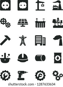 Solid Black Vector Icon Set - gears vector, cordless drill, power socket type f, buildings, construction helmet, gear, star, hammer, commercial seaport, solar panel, manufacture, factory, oil, line