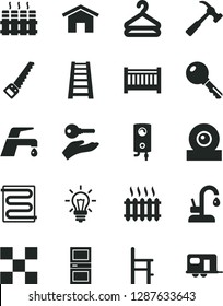 Solid Black Vector Icon Set - baby cot vector, a chair for feeding, arm saw, stepladder, interroom door, tile, heating coil, radiator, faucet mixer, kitchen, boiler, hammer with claw, home, key