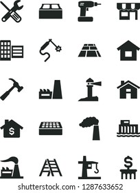 Solid Black Vector Icon Set - house vector, dwelling, small tools, cordless drill, ladder, city block, brick, building, paving slab, hammer with claw, kiosk, manufacture, factory, tower crane
