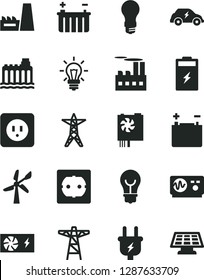 Solid Black Vector Icon Set - power socket type b vector, f, bulb, charging battery, wind energy, accumulator, light, hydroelectricity, line, pole, plug, industrial building, thermal plant