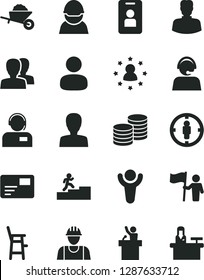 Solid Black Vector Icon Set - woman vector, women, a chair for feeding child, builder, garden trolley, pass card, operator, coins, racer, man, goal, winner, carrer stairway, hold flag, speaker