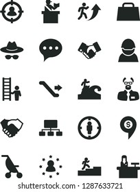 Solid Black Vector Icon Set - hat with glasses vector, summer stroller, speech, racer, man in sight, goal woman, scheme, hand shake, handclasp, bag, scientist, arrow up, carrer stairway, ladder