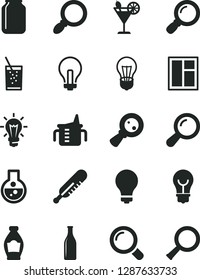 Solid Black Vector Icon Set - matte light bulb vector, incandescent lamp, measuring cup for feeding, mercury thermometer, window, magnifier, a glass of soda, cocktail, bottle, jar, magnifying, flask