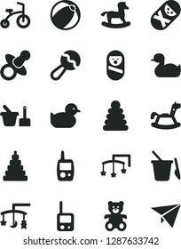Solid Black Vector Icon Set - toys over the cradle vector, cot, dummy, beanbag, rubber duck, baby duckling, bath ball, stacking rings, toy, roly poly doll, tumbler, phone, mobile, sand set, small