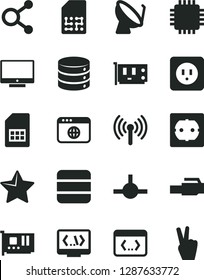Solid Black Vector Icon Set - power socket type b vector, f, star, screen, big data, satellite dish, SIM card, connections, cpu, pc, browser, connect, coding, lan connector, wireless, victory hand