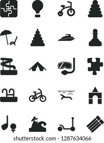 Solid Black Vector Icon Set - stacking rings vector, toy, box of bricks, child bicycle, Kick scooter, Puzzle, Puzzles, pawn, air balloon, bike, tent, beach, arnchair under umbrella, pool, aquapark