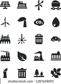 Solid Black Vector Icon Set - bin vector, drop, apple stub, solar panel, leaf, windmill, wind energy, manufacture, factory, hydroelectric station, hydroelectricity, forest, industrial building