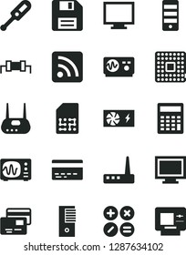 Solid Black Vector Icon Set - floppy disk vector, monitor, window, bank card, calculator, rss feed, electronic thermometer e, cards, math actions, processor, SIM, pc power supply, tower, router, atm