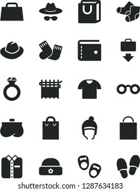 Solid Black Vector Icon Set - paper bag vector, purse, hat, with glasses, warm socks, Knitted, shoes for little children, winter, handles, T shirt, folded, cloth industry, hand, diamond ring