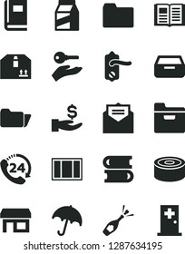 Solid Black Vector Icon Set - folder vector, books, window frame, door knob, received letter, book, umbrella, drawer, cardboard box, 24, package, canned goods, stall, get a wage, arm with key