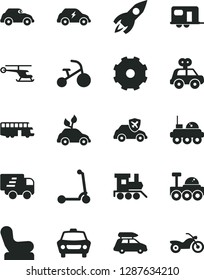 Solid Black Vector Icon Set - truck lorry vector, Baby chair, motor vehicle present, toy train, tricycle, child Kick scooter, car, environmentally friendly transport, electric, retro, autopilot, bus
