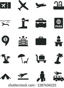 Solid Black Vector Icon Set - suitcase vector, passport, coastal lighthouse, sand castle, dollar pin, plane, passenger, ticket, departure, tent, beach, arnchair under umbrella, palm tree, pool