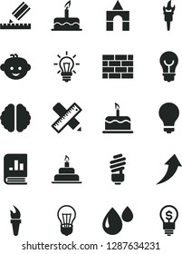 Solid Black Vector Icon Set - matte light bulb vector, children's hairdo, box of bricks, cake, birthday, brickwork, saving, writing accessories, drawing, drop, book on statistics, brain, flame torch