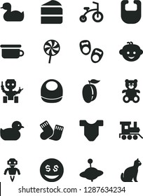 Solid Black Vector Icon Set - bib vector, baby, Child T shirt, rubber duck, duckling, warm socks, children's potty, teddy bear, hairdo, toy train, yule, bicycle, shoes for little children, lollipop