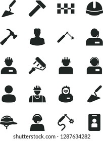 Solid Black Vector Icon Set - builder vector, workman, trowel, building, paint roller, ceramic tiles, construction helmet, hammer, with claw, operator, welding, gas, woman, man, dispatcher