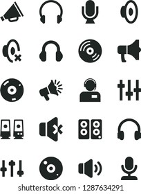 Solid Black Vector Icon Set - horn vector, loudspeaker, silent mode, headphones, microphone, CD, volume, no sound, operator, megaphone, pc speaker, settings