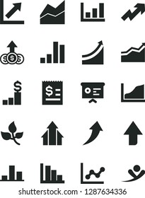 Solid Black Vector Icon Set - upward direction vector, growth up, line chart, graph, positive histogram, leaves, bar, article on the dollar, financial report, arrow, arrows, pedestal, flying man