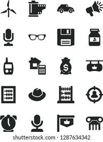 Solid Black Vector Icon Set - desktop microphone vector, hat, camera roll, new abacus, toy mobile phone, estimate, alarm clock, jar of jam, windmill, retro car, vintage sign, man in sight, floppy