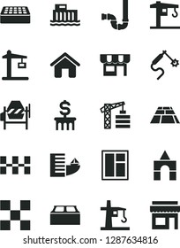 Solid Black Vector Icon Set - box of bricks vector, crane, tower, house, concrete mixer, window, siphon, tile, ceramic tiles, brick, building block, paving slab, kiosk, hydroelectric station, hotel