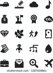 Solid Black Vector Icon Set - zoom vector, toys over the cradle, drawing, received letter, drop, carbon dyoxide, briefcase, dollars, hdd, lan connector, note, cloud, robot, sun panel, biology, plane