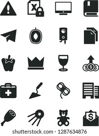 Solid Black Vector Icon Set - warning vector, paper airplane, clean, first aid kit, teddy bear, e, building trowel, buildings, hawser, boiler, screen, chicken thigh, peper, glass, delicious plum