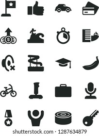 Solid Black Vector Icon Set - silent mode vector, canned goods, banana, retro car, joystick, graduate hat, stopwatch, finger up, star flag, medal, hands man, microphone, dollar growth, bike, hotel