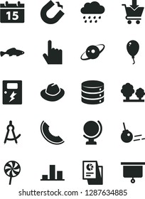 Solid Black Vector Icon Set - hat vector, rainy cloud, balloon, dangers, core, calendar, index finger, globe, big data, put in cart, lollipop, small fish, slice of melon, trees, horseshoe magnet