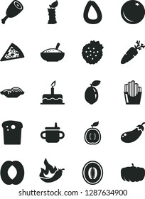 Solid Black Vector Icon Set - mug for feeding vector, cake, stick of sausage, Easter, piece pizza, slices onion, a bowl rice porridge, chicken thigh, carrot, fried potato, strawberries, orange