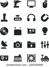 Solid Black Vector Icon Set - matte light bulb vector, monitor, camera, upload folder, cordless drill, CD, bananas, accumulator, hydroelectricity, production conveyor, horseshoe magnet, radiator fan