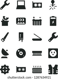Solid Black Vector Icon Set - repair key vector, arm saw, electronic boiler, charging battery, socket, gear, conveyor, mercury thermometer, satellite antenna, aluminum radiator, notebook pc, fan, cd