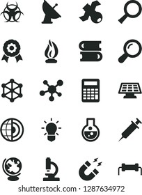 Solid Black Vector Icon Set - books vector, flask, microscope, molecule, zoom, bulb, satellite, biohazard, globe, magnet, flame, calculator, earth core, medal, sun panel, antenna, syringe, 3d cube