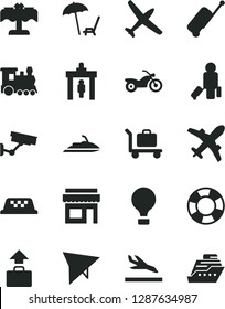 Solid Black Vector Icon Set - plane vector, train, taxi, air balloon, hang glider, motorcycle, security gate, passenger, rolling case, baggage, arrival, arnchair under umbrella, restaurant, store