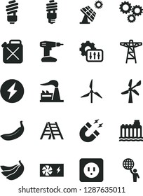 Solid Black Vector Icon Set - drill vector, ladder, saving light bulb, power socket type b, banana, bananas, big solar panel, windmill, wind energy, factory, hydroelectricity, pole, canister, magnet