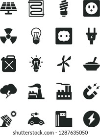 Solid Black Vector Icon Set - saving light bulb vector, power socket type f, heating coil, storm cloud, a bowl of buckwheat porridge, solar panel, big, modern gas station, wind energy, factory, car