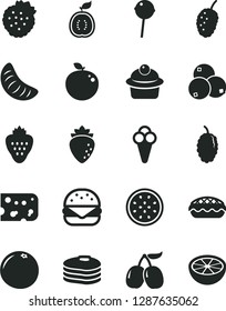 Solid Black Vector Icon Set - piece of cheese vector, big burger, muffin, apple pie, Chupa Chups, cone, strawberry, strawberries, pancakes, raspberry, blueberries, mulberry, tasty, cornels, guawa