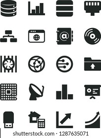 Solid Black Vector Icon Set - bar chart vector, growth, negative histogram, upload folder, estimate, CD, big data, flowchart, address book, processor, satellite dish, financial report, radiator fan