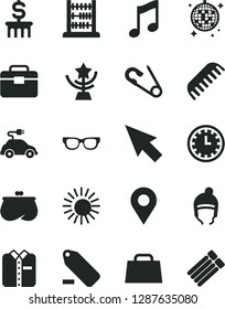 Solid Black Vector Icon Set - clock face vector, remove label, open pin, comb, winter hat, abacus, portfolio, music, folded shirt, electric car, location, purse, hand bag, cursor, glasses, star cup