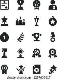 Solid Black Vector Icon Set - pedestal vector, medal, patente, laurel branch, prize, award, cup, gold, star, reward, man with, pennant, first place, certificate, three stars