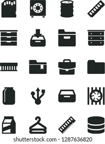 Solid Black Vector Icon Set - folder vector, bookmark, storage unit, chest of drawers, suitcase, put in a box, drawer, strongbox, package, hanger, barrel, jar, radiator fan, memory, usb, sd card