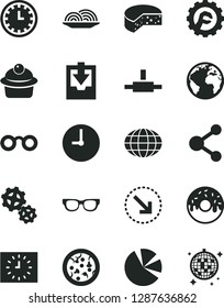 Solid Black Vector Icon Set - sign of the planet vector, clock face, download archive data, star gear, wall, right bottom arrow, cheese, pizza, onion, muffin, glazed cake with a hole, gears, globe