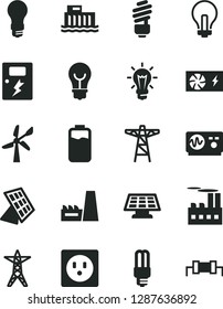 Solid Black Vector Icon Set - incandescent lamp vector, saving light bulb, dangers, charge level, wind energy, hydroelectric station, power line, pole, socket, industrial building, thermal plant