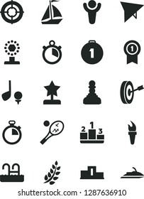 Solid Black Vector Icon Set - stopwatch vector, pedestal, flame torch, winner, laurel branch, cup, pawn, star reward, purpose, first place medal, with pennant, aim, sail boat, hang glider, pool