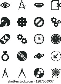 Solid Black Vector Icon Set - prohibition vector, clock face, tumbler, left bottom arrow, eye, CD, delete page, porcini, plate, gear, scribed compasses, Measuring, gears, ring diagram, wall watch