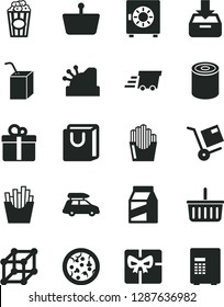 Solid Black Vector Icon Set - grocery basket vector, packing of juice with a straw, put in box, strongbox, bag handles, gift, package, shipment, tin, pizza, French fries, fried potato slices, safe