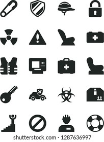 Solid Black Vector Icon Set - warning vector, prohibition, Baby chair, car child seat, safety pin, bag of a paramedic, medical, workman, key, helmet, lock, cardboard box, autopilot, nuclear, atm