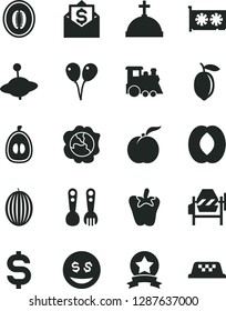 Solid Black Vector Icon Set - plastic fork spoons vector, children's train, yule, colored air balloons, concrete mixer, peper, ripe peach, squash, melon, half, loquat, lemon, gpu card, star ribbon