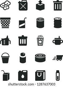 Solid Black Vector Icon Set - wicker pot vector, bin, mug for feeding, measuring cup, powder, e, packing of juice with a straw, bucket, dust, bag handles, unpacking, canned goods, tin, popcorn, oil