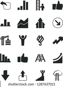 Solid Black Vector Icon Set - downward direction vector, growth up, line chart, positive histogram, tower crane, hook, ladder, thumb, move, left, right bottom arrow, bar, finger, graph, man hands